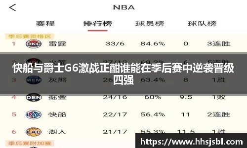 快船与爵士G6激战正酣谁能在季后赛中逆袭晋级四强